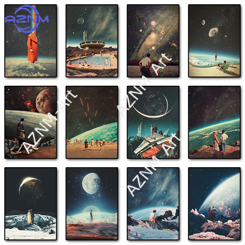 Vintage Surreal Space Futurism Poster, Drucke, Leinwandgemälde, Sci-Fi, himmlische Galaxie, Retro-Wandkunst, Bild für Zimmer, Heimdekoration