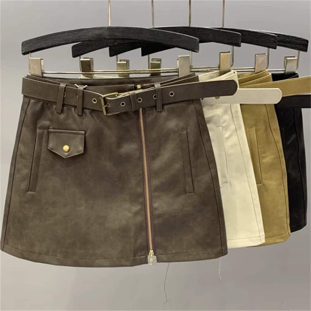 

Coffee skirt pu leather skirt new short skirt high waist sexy pocket zip belt women