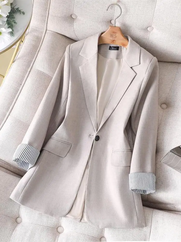 

Spring Autumn Women Black Beige Patchwork Single Button Blazer Coat Korean Version Vintage Elegant Long Sleeve Tops Streetwear