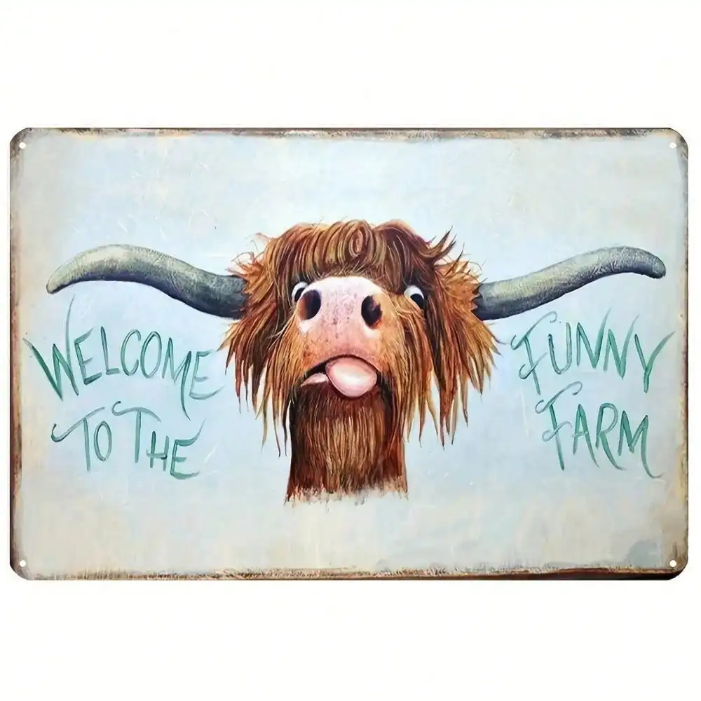 „Farmhouse Willkommen Metallschild, rustikale Highland Cow Wandkunst 20,3 x 30,5 cm, robustes Aluminium-Außenschild“