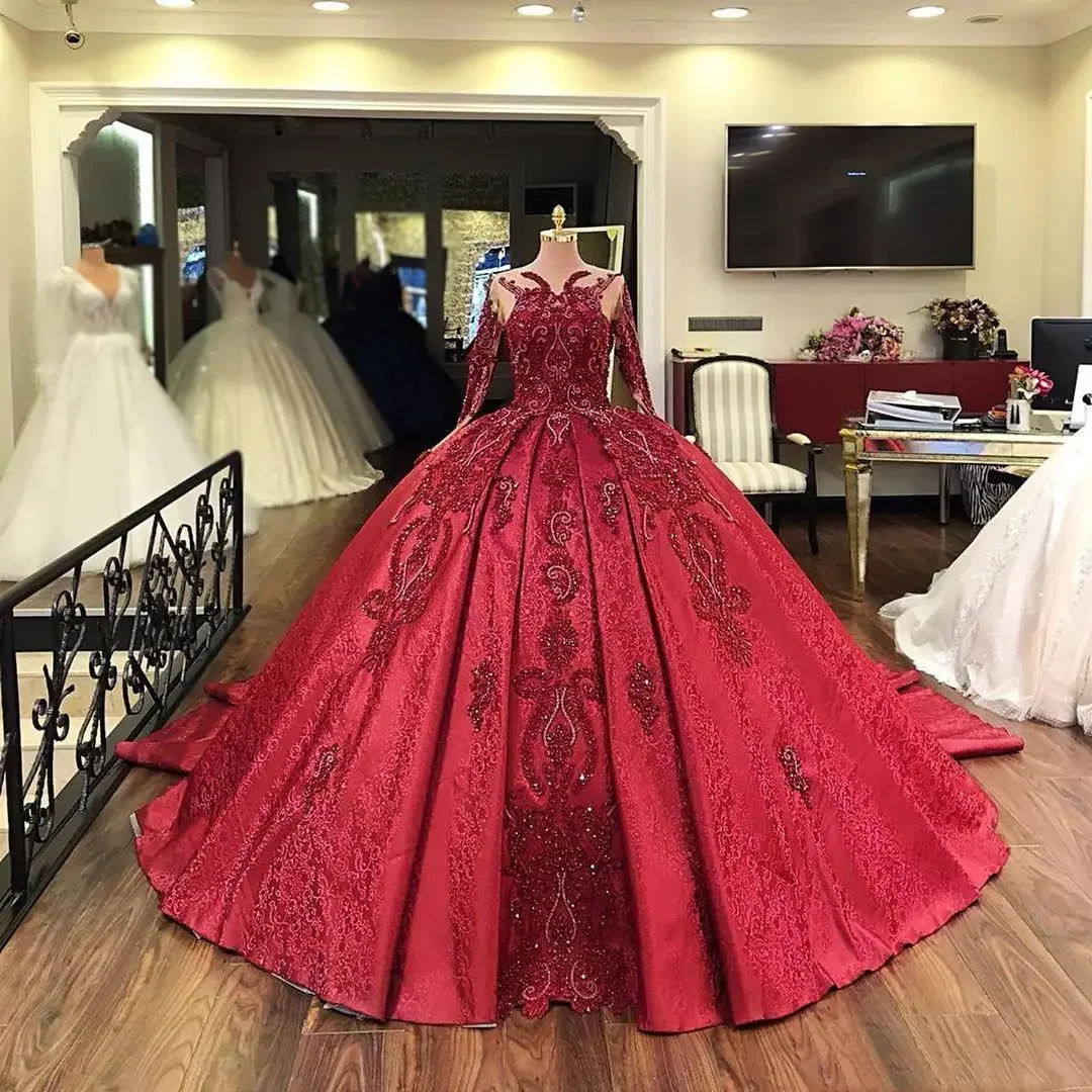 Luxury Gorgeous Red Green Quinceanera Dresses Lace Appliques Long Sleeve robes de soirée Gillter vestidos quinceañera 2024 moder