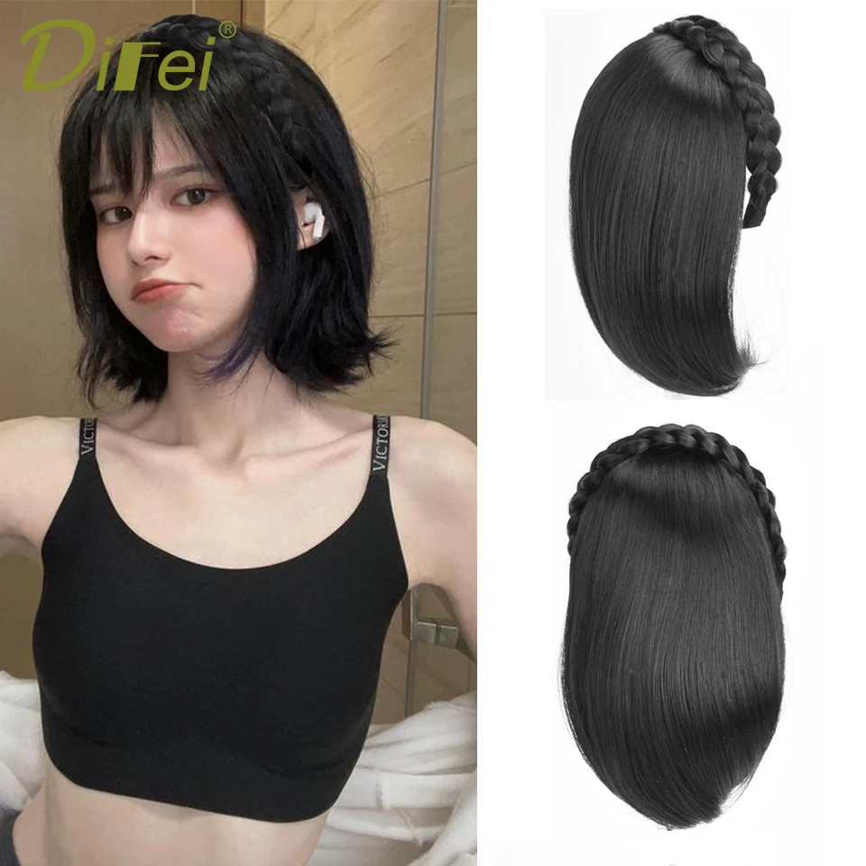 DIFEI Synthetic Wig Hairband Integrated Female Head Wig Piece Natural White Hair Cover Braided Hair Half-headgear Type