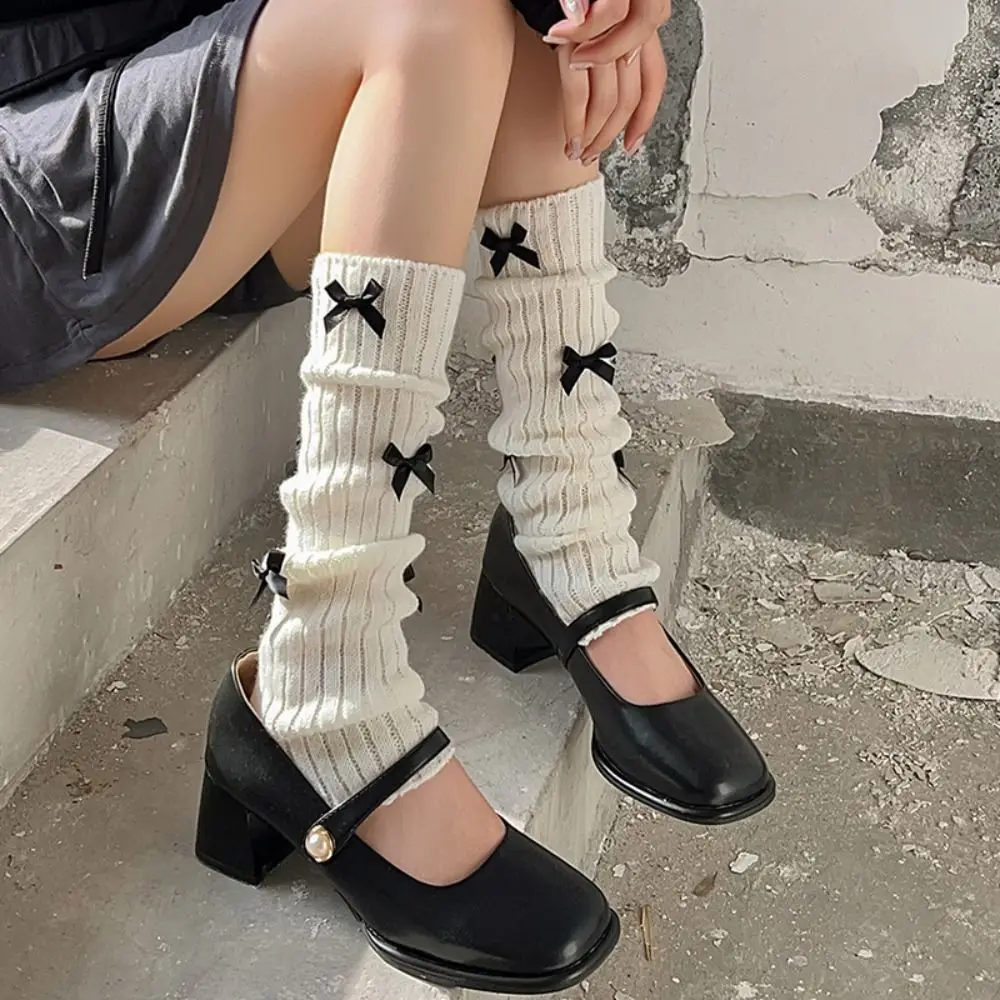 

Japanese Style JK Bow Leg Warmers Knitted Woolen Pile Socks Women Girls Autumn Winter Crochet Boot Cuffs Foot Cover Long Stockin