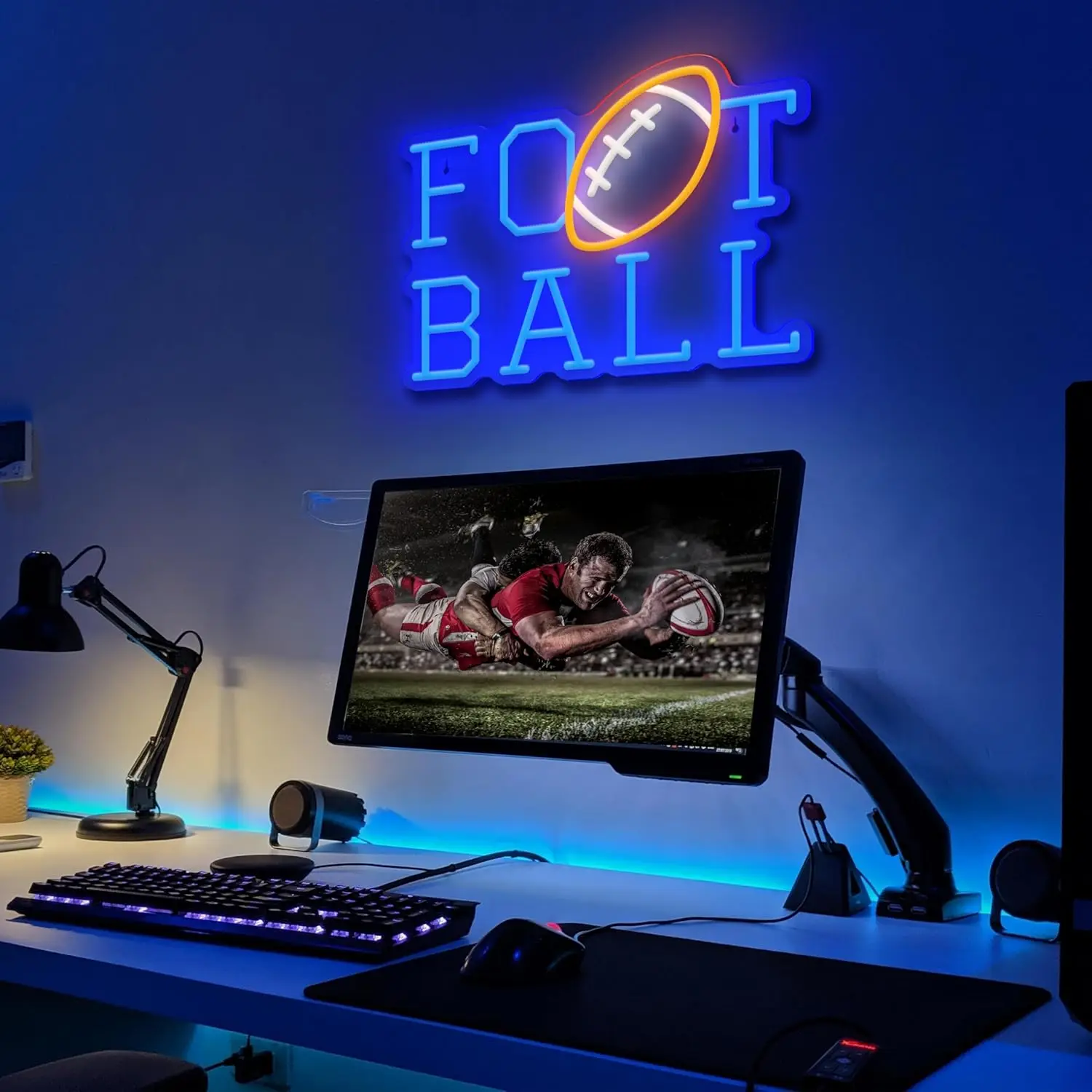 Football Neon Signs USB Powered Blue Football Light Up Sign Wall Decor for Teens Bedroom Gamer Room Rugby Sports Man Cave Colleg
