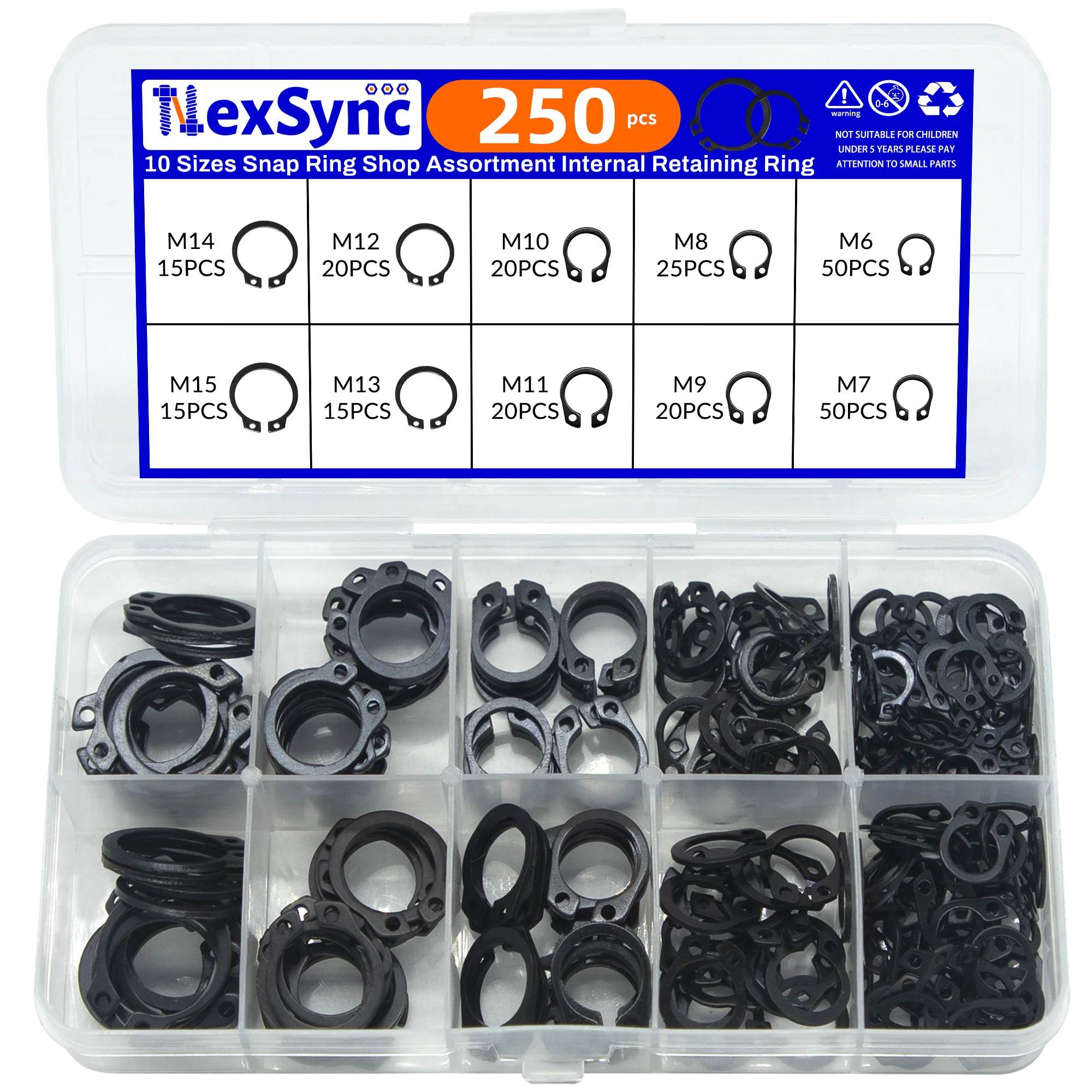 250/500pc Assortment Kit Set M5 to M20 Stainless Steel Black 65mn Shaft Bearing Retaining Clip Snap Ring C Type External Circlip