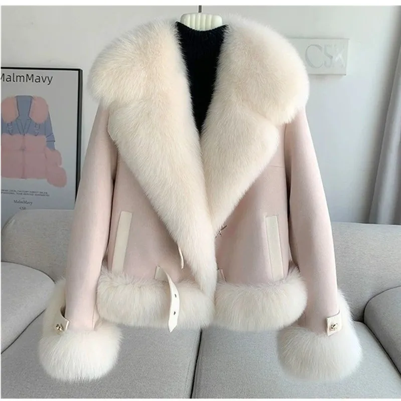 Fashion Imitation Fox Fur Grass Coat Women's Short Furry Coat Woolen Collar Thicke Warm Coats Winter Fur Coat Pink Outwear