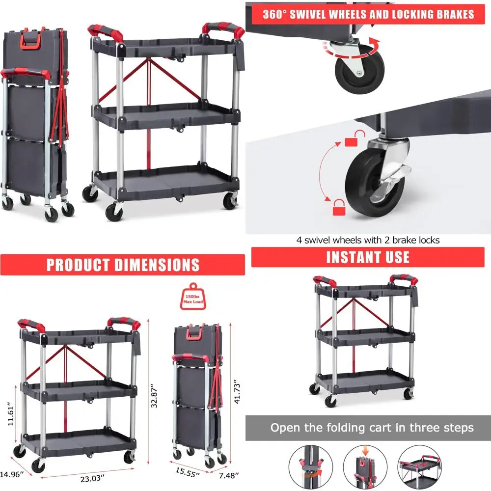 

Heavy-Duty Foldable Utility Cart with 360° Swivel Lockable Wheels and 167Lbs Capacity for Portable Service Needs