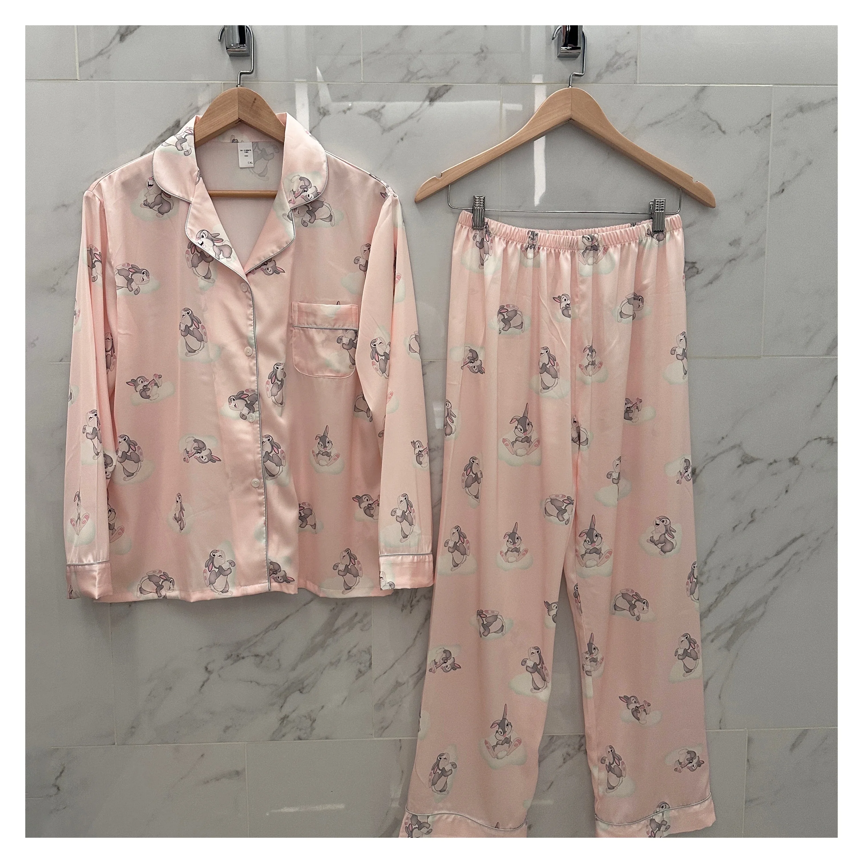 Sweet Girl Japanese Original Ice Silk Long-sleeved Pajamas Cute Cartoon Print Cool and Smooth Casual Loungewear Set
