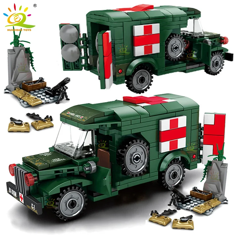 WW2 Military Ambulance Building Blocks Medical Vehicle Army Truck Car Soldier Bricks City Construction Children's Toys for Boy