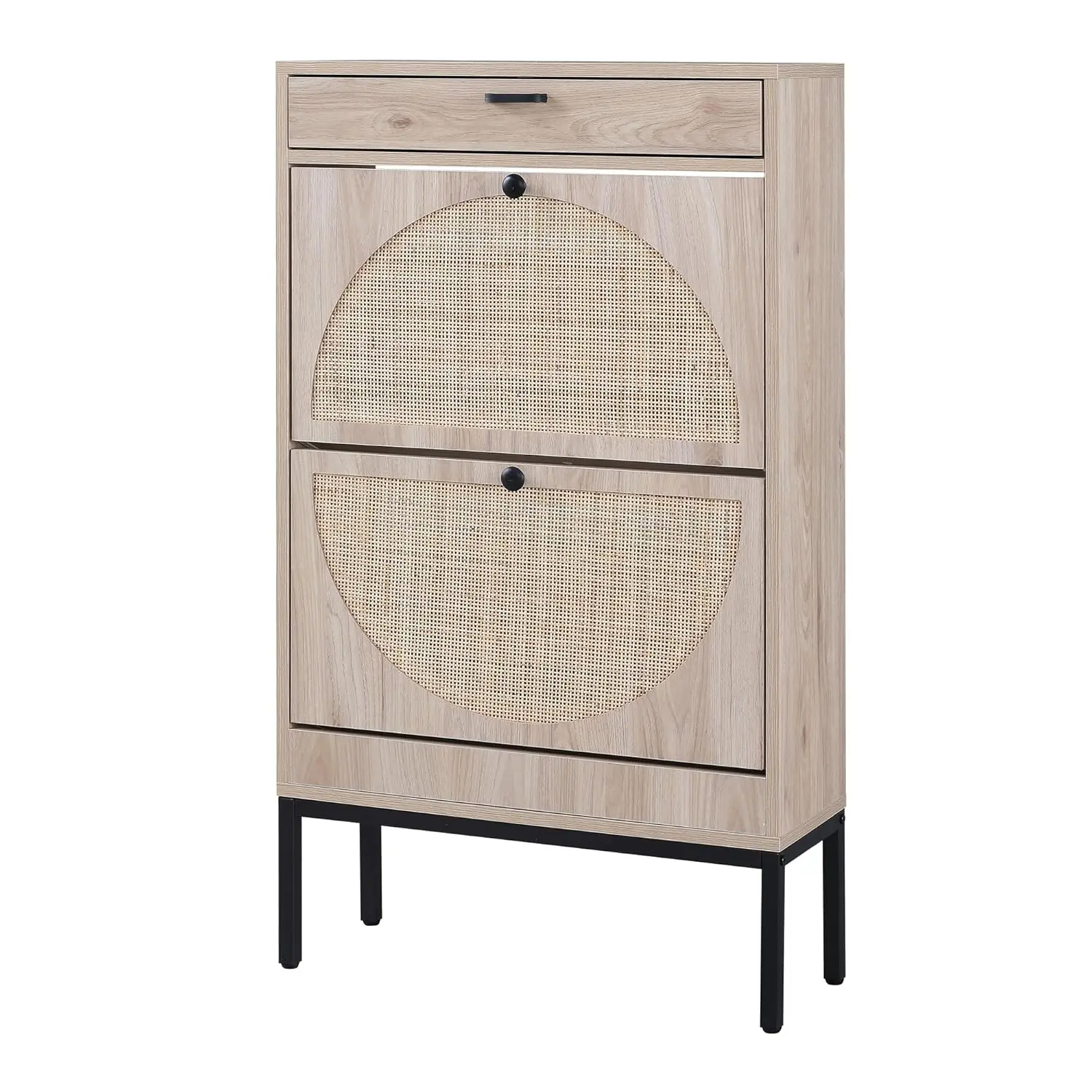 

Natural Rattan Shoe Cabinet 2 Flip Drawers Adjustable Shelf Entryway Customized