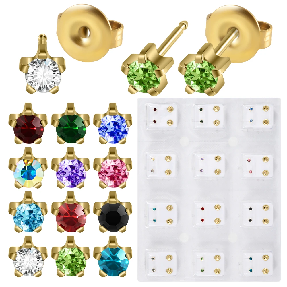 12pairs/Dozen Surgical Steel Gold Plated Ear Stud CZ Heart Star Flower Crown Women Earrings Non-Sterilize