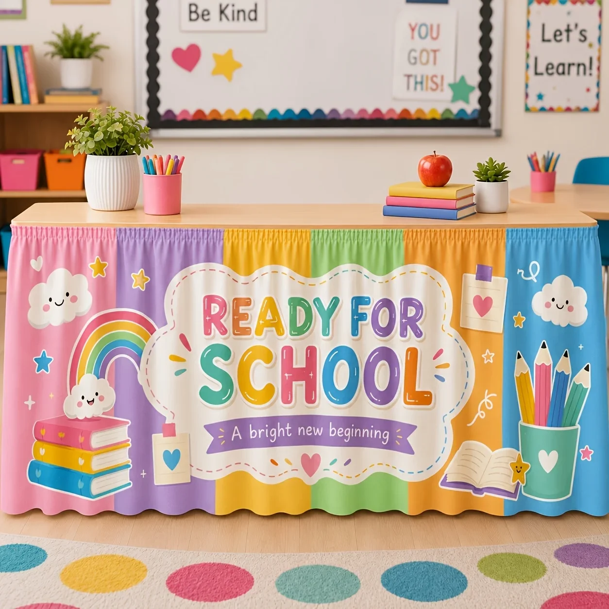 Table skirt, 1-piece set. Colorful campus-themed table skirt design suitable for the start of the school year.xzj