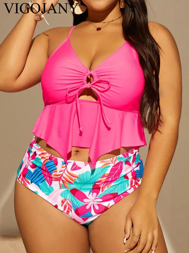 VigoJany 2024 Sexy Pink Strapped Beach Plus Size Bikini Set Women High Waist Hollow Push UP Swimsuit Verge Backless Bathing Suit