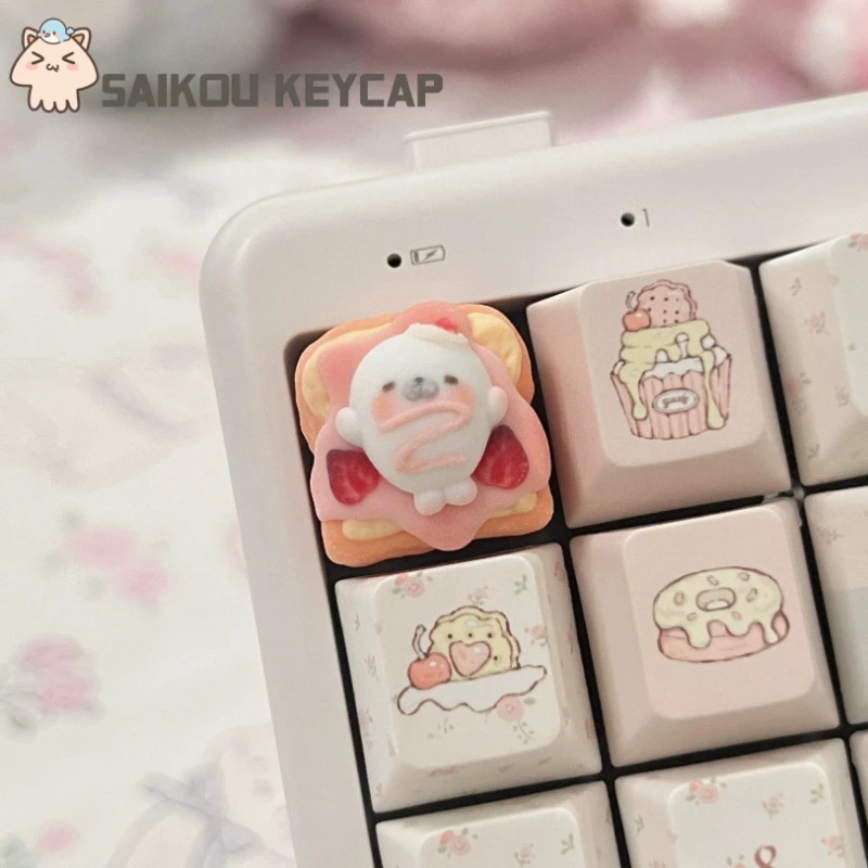 Seal Strawberry Toast Theme Keycaps Set 3D Three-dimensional Resin Custom Original Handmade for Mechanical Keyboard Accessories