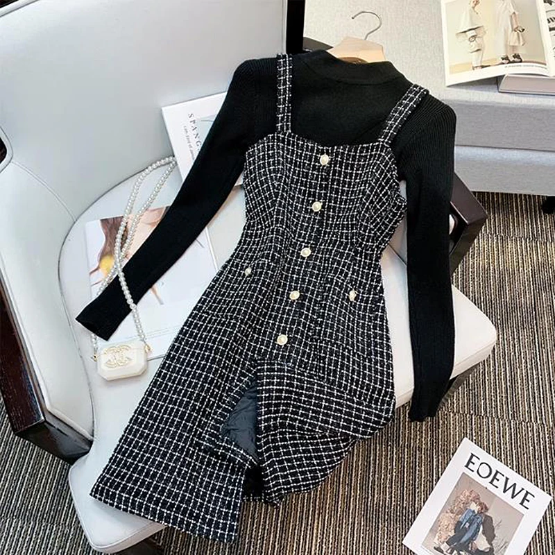 Luxury Elegan Tweed Two Piece Set Women Spring Autumn Sleeveless Pearl Button Sweater Spaghetti Strap Mini Dresses Outfits