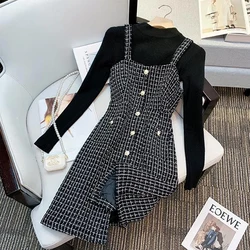 Luxury Elegan Tweed Two Piece Set Women Spring Autumn Sleeveless Pearl Button Sweater Spaghetti Strap Mini Dresses Outfits