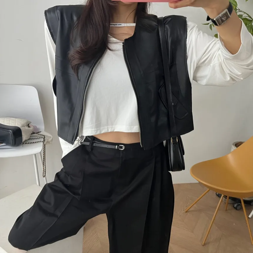 

Женский жилет из искусственной кожи Svel, свободный круглый жилет на молнии или Sle, универсальное пальто с плечами, осенний сезон