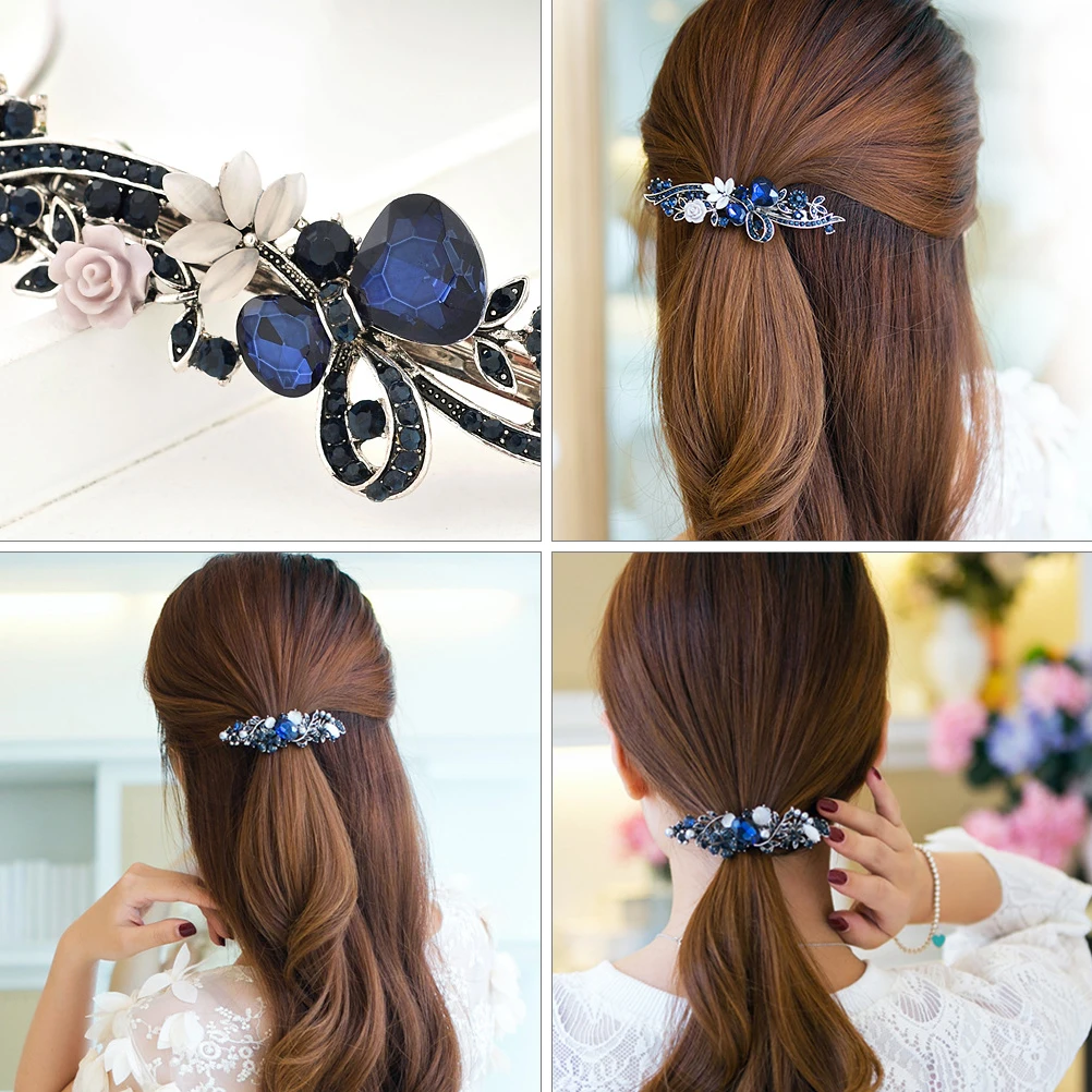 

2Pcs Retro One Word Clip 9CMx3CMx8CM Alloy Electroplated Cat's Eye Glass Crystal Women Girls Hairpin Bobby Barrettes Spring Hair