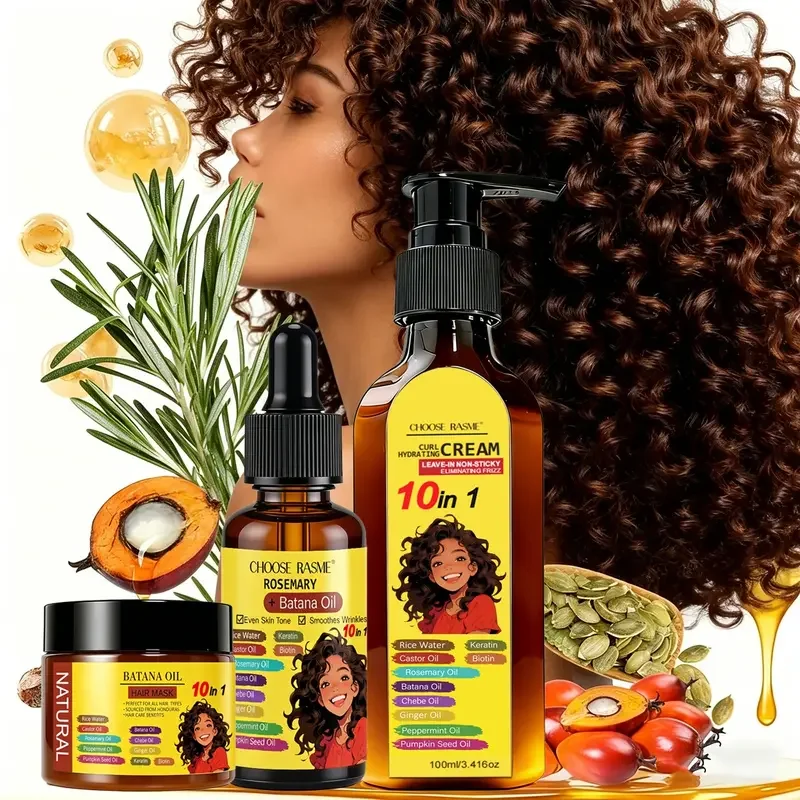 Curly Hair Care Kit, 10-in-1 Curl Cream, Batana Oil Serum & Hair Mask, Nourishing & Defining for Natural Curls