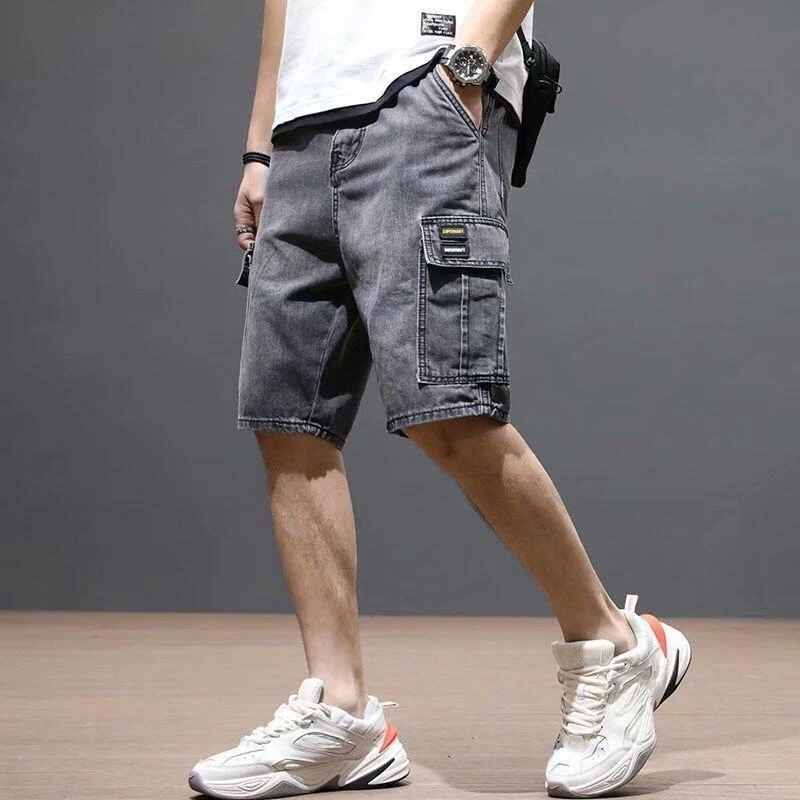 Male Denim Shorts Cargo Ripped with Pockets Men's Short Jeans Pants Vintage Cowboy Sale Streetwear Cut Harajuku Rude Emo Buttons