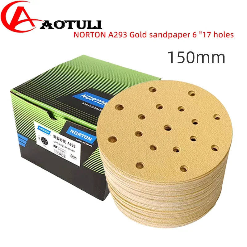 NORTON Grinding Disc 150mm 6in 17-Hole Dry Sandpaper 150mm Flocking Round Car Putty Wood Sanding Chip Sandpaper 80-500grit