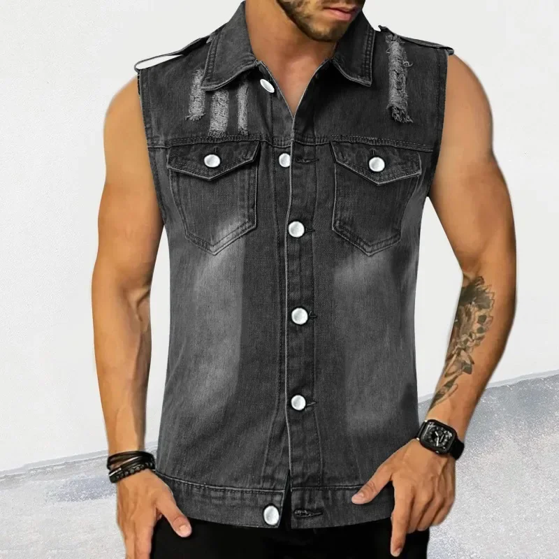 Men Denim T-shirt Fashion Thin Lapel Sleeveless Single Breasted Distressed Slim Pocket Cardigan Hip Hop Rock Tank Top