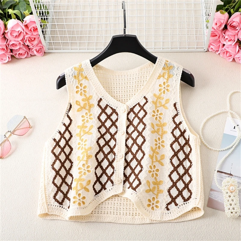 Women Sleeveless V-Neck Crochet Sweater Vest Waistcoat Hollow-Out Knit Diamond Plaid Floral Button Up Crop Cardigan Top