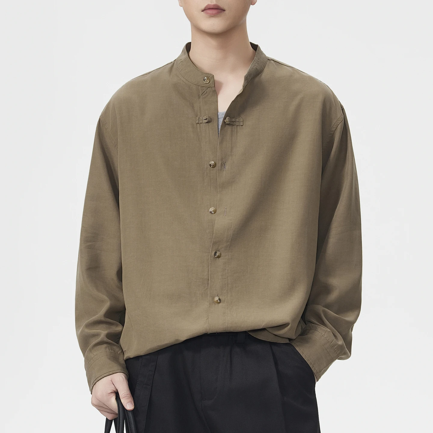 

China Style Vintage Fashion Stand Collar Shirt Men Spring Summer Long Sleeve Loose Casual Shirts Commute Clothes