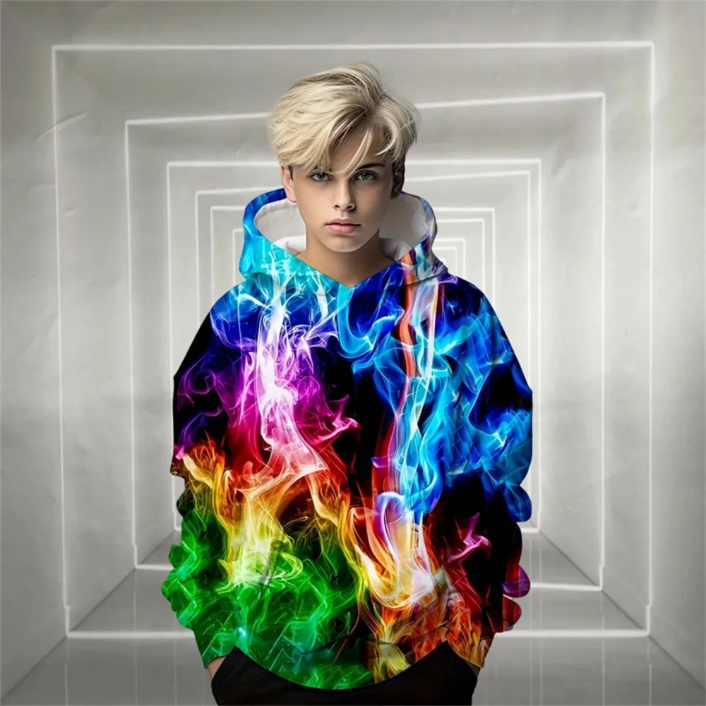 

Boys and Girls Flame Colorful 3D Print Hoodie Kids Casual Pullover Cool Hip Hop Boy Sports Tops Building Blocks Graphic Clothing