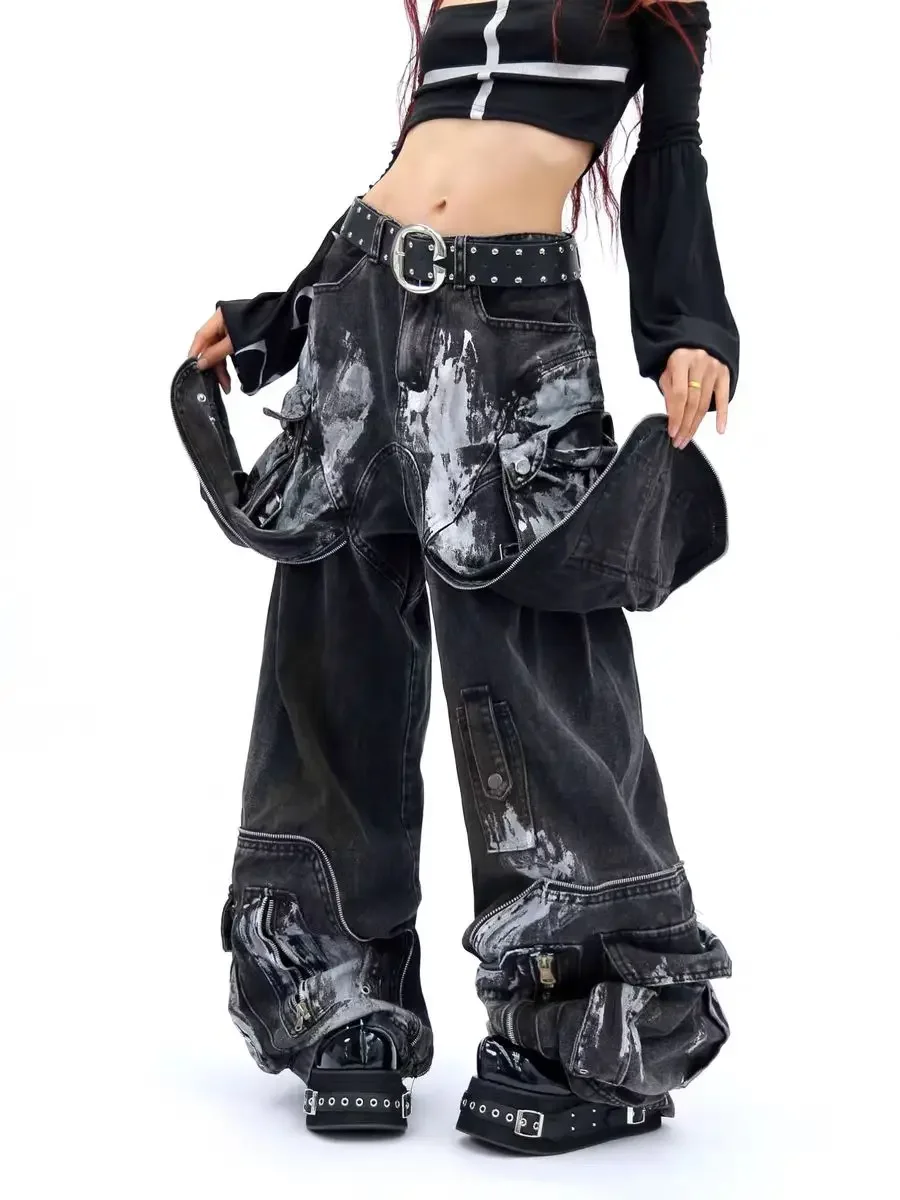 IMU American Oversized Retro Pocket Folding Jeans For Men And Women Washed Tie Dye Heavy Industry Gothic Hip-Hop Zipper Loose Je