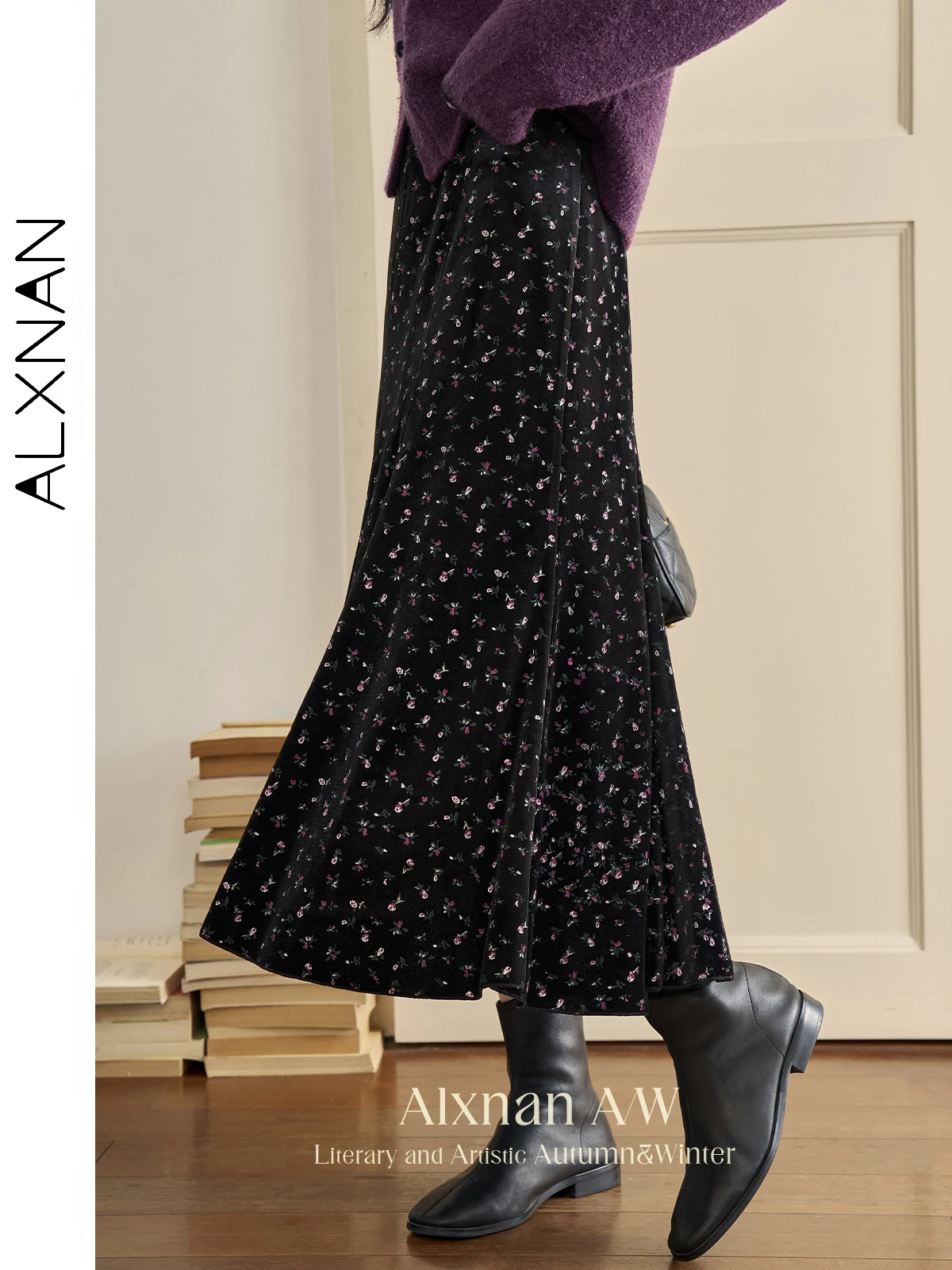 ALXNAN Women's Black Floral Skirts Elegant Basics A-line Half Fishtail Design Loose Hem Autumn Winter Female Midi Skirt L51337