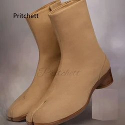 Split Toe Tabi Boots for Men Women Solid Colors Genuine Leather Ankle Boots 3Cm Round Heels Novelty Designer Style Couple Shoes