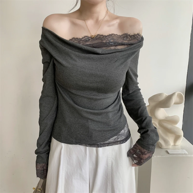 

Весенне-осенние кружевные лоскутные женские белые футболки, новинка 2025, корейский повседневный трикотаж с вырезом и длинными рукавами, женские топы