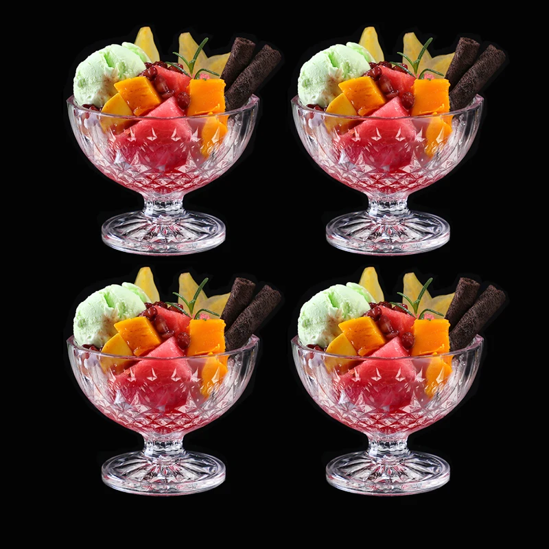 220ml 4pcs Set European Style Diamond Carving Ice Cream Cup Milkshake Cocktail Glasses Striped Cold Drink Cup Fruit Salad Bowl