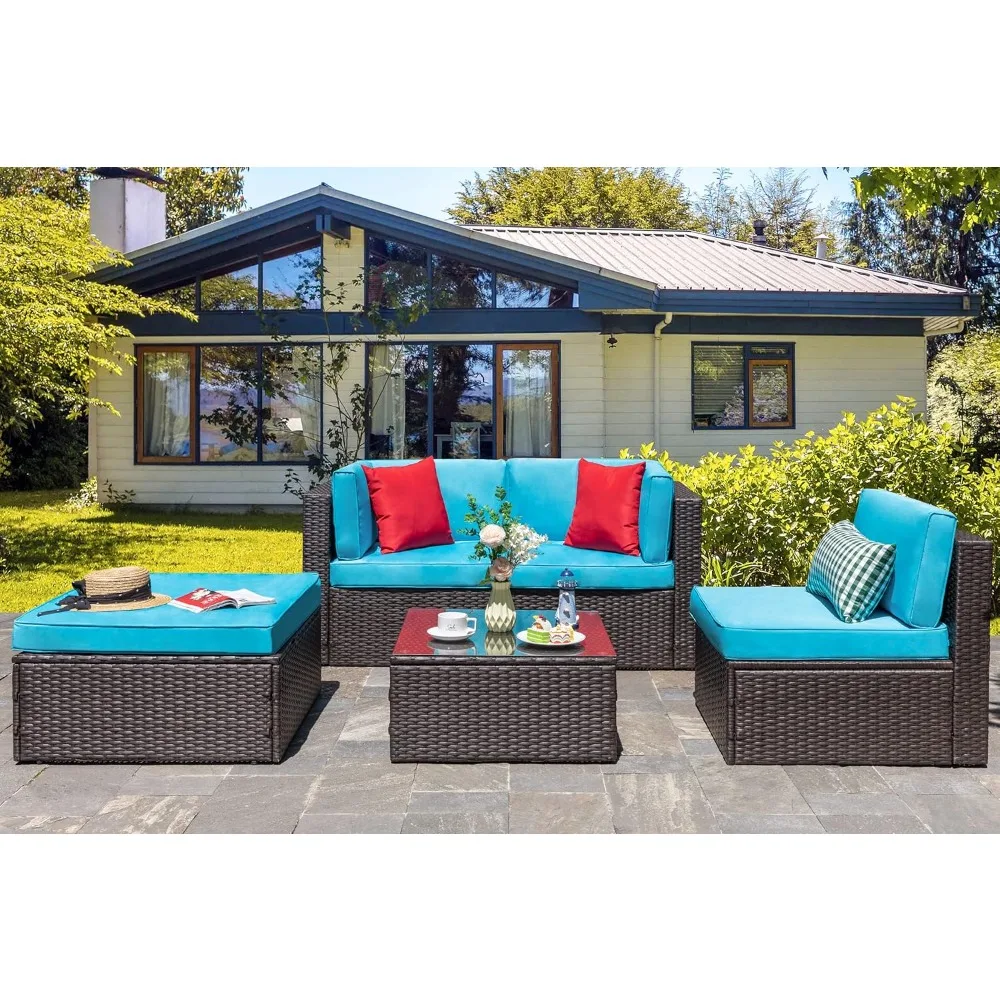 5 Piece Furniture Sets, All-Weather PE Wicker Outdoor Couch Sectional Small Patio Conversation Garden Sofa Set