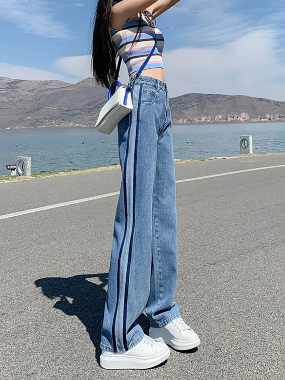 

High Waist Straight Leg Wide Leg Jeans Women's New 2024 Spring Summer Color Colion Design Sensation Small ence Pants
