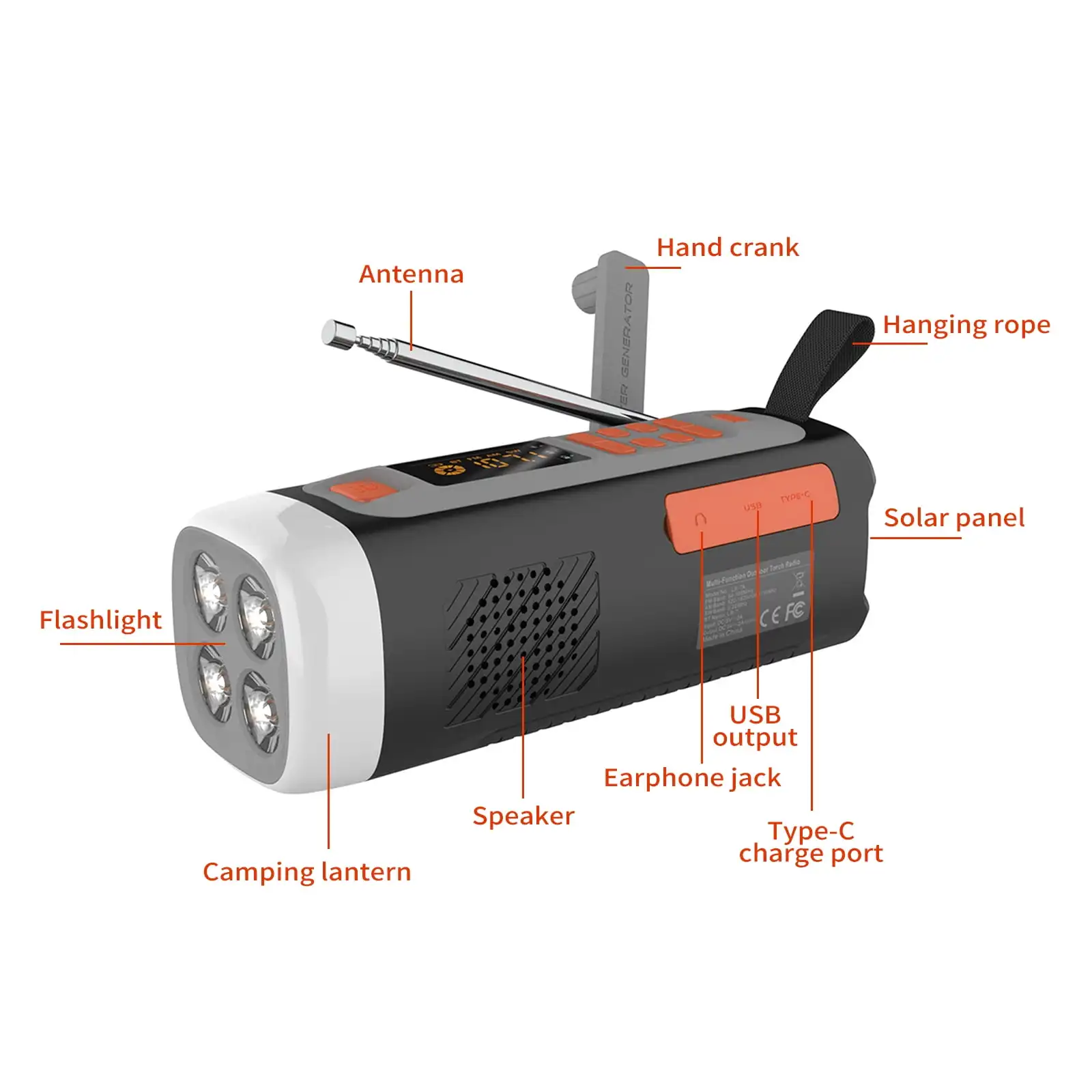 Portable Emergency AM/FM/SW Radio Bluetooth Speaker 4500mAh USB C Solar Hand Crank Multifunctional Emergency Radio