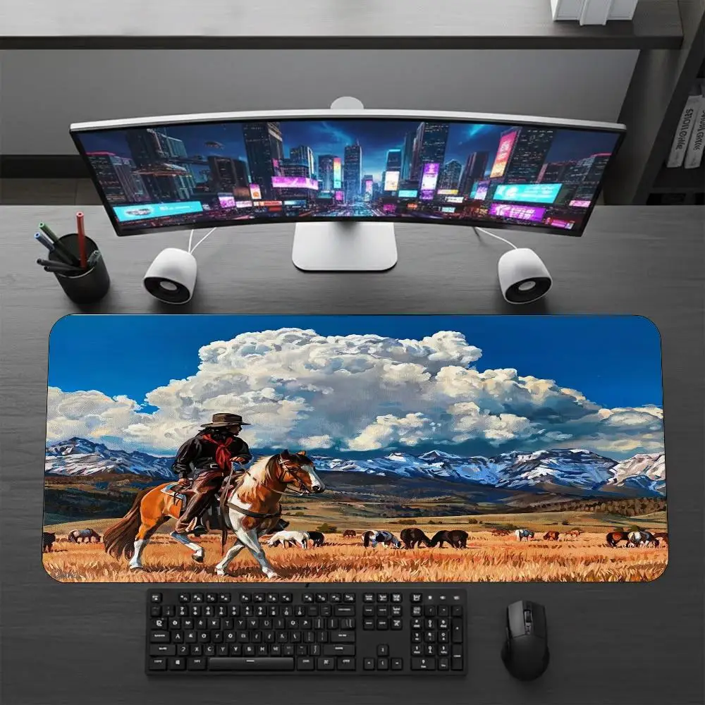 XXL Large Gaming Mouse Pad Western Cowboy Desert Deskmat Overlock Non-slip Rubber Keyboard Mat Wild West Mousepad Desk Mats