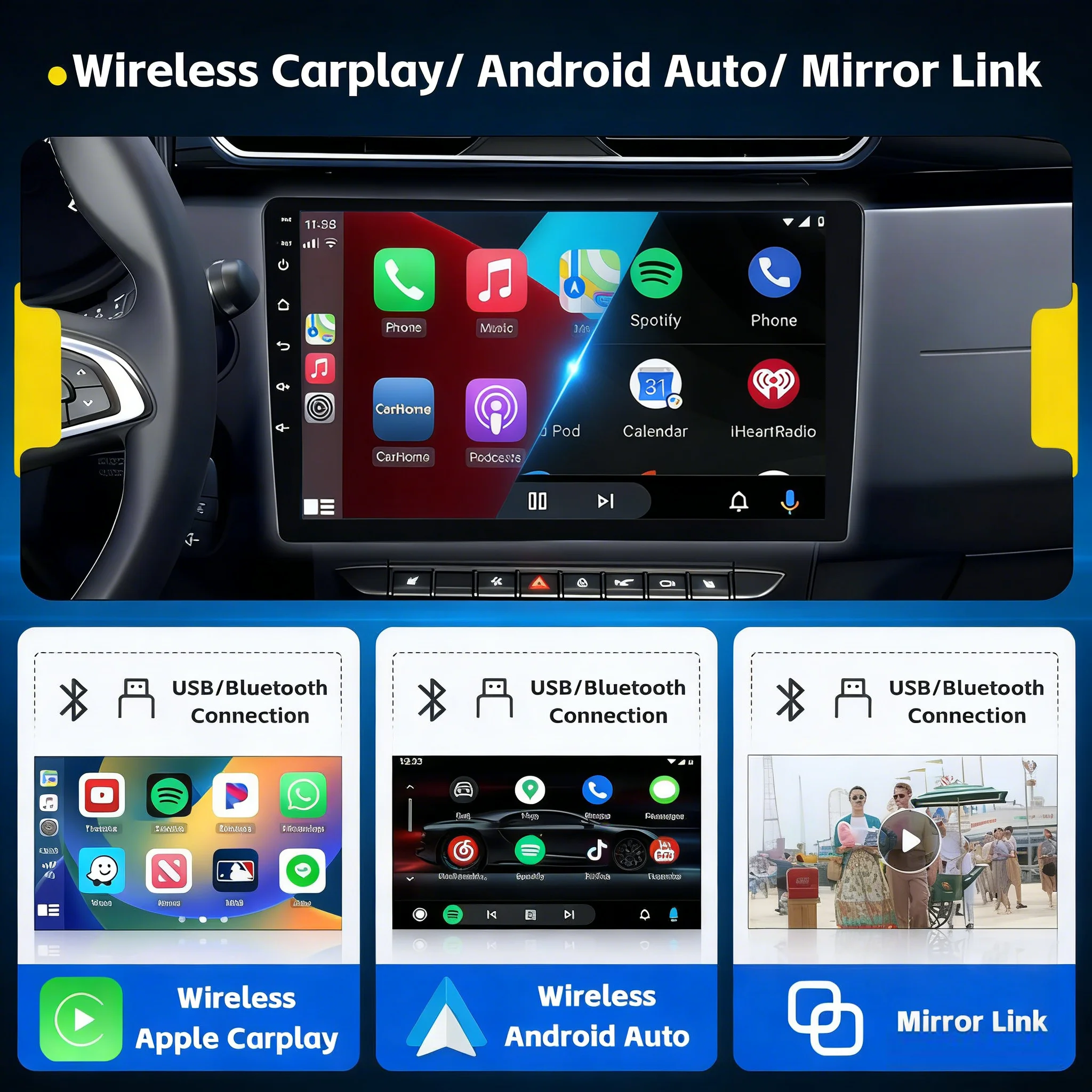 ESSGOO Autoradio 2 DIN Android 15 4+64G con Carplay Wireless, Android Auto, GPS, Navigazione, BT, FM, RDS, SWC, Radio, WIFI, Touchscreen