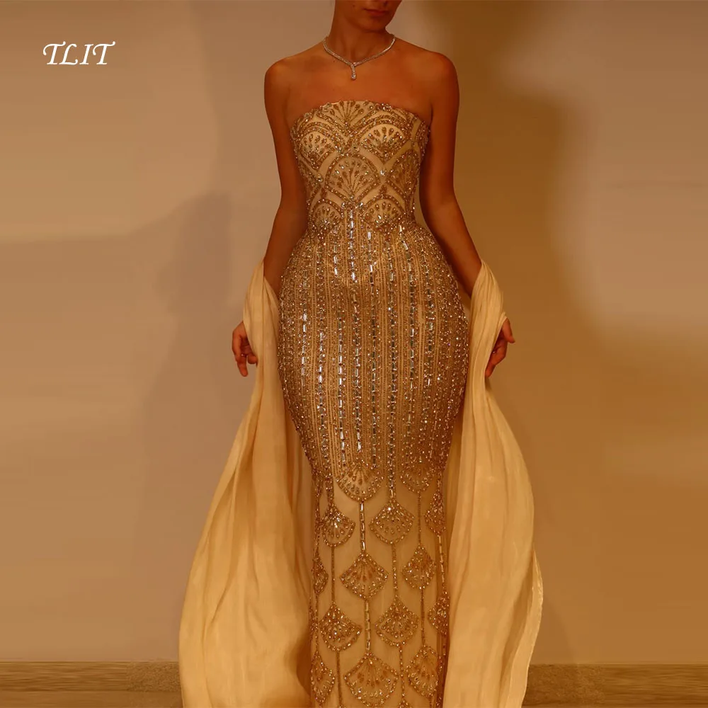 

TLIT Luxurious Ivory Silk Satin Evening Dresses Customized Strapless Appliques Crystals Mermaid Beaded Prom Gowns for Party