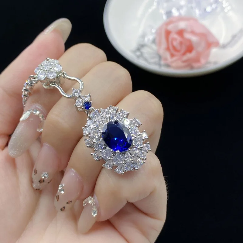Blue Spinel Fluorescent Light Color-Changing Full Diamond Fashion Pendant Open Ring for Women Set Clavicle Chain