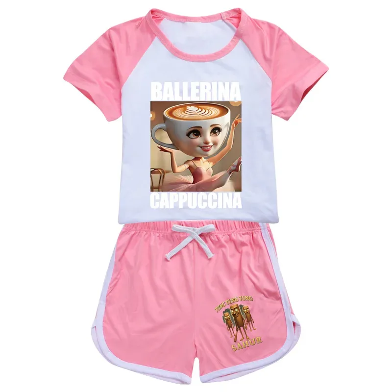 لطيف راقصة الباليه Cappuccina ملابس الاطفال الصيف تونغ صحور بيجامة طفل الفتيات قصيرة الأكمام تي شيرت + السراويل طفل الفتيان ملابس النوم #2