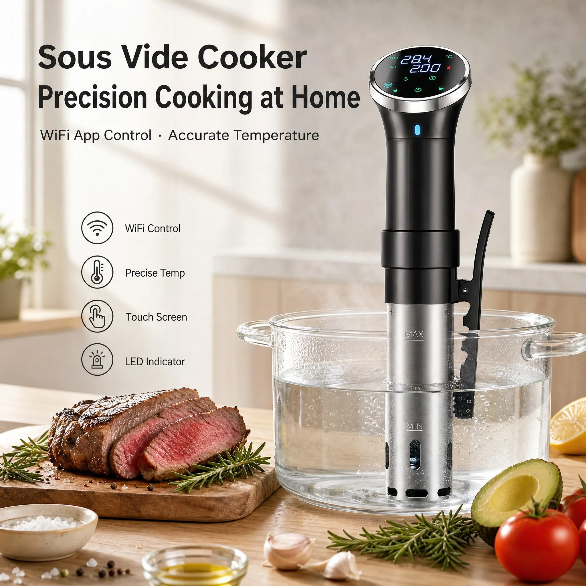 WiFi Sous Vide Cooker 25-95°C 99H Timer 1100W Precision Thermal Circulator Smart App Control for Steak Chicken Fish Vegetables