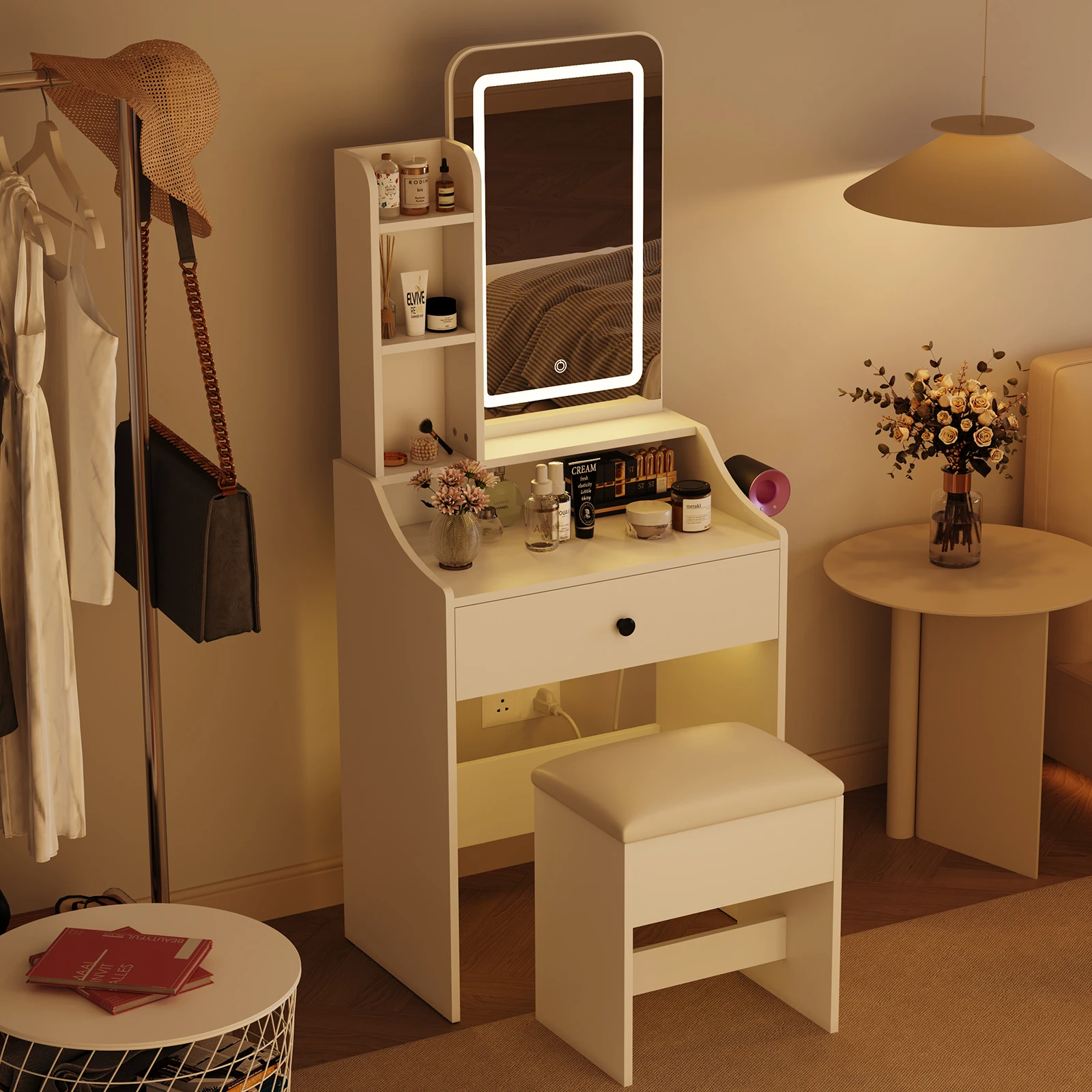 MCQ Living Room Wood Cabinet With LED Mirror Small Makeup Vanity Desk Storage Display Nightstand Bedside Coffee Sofa Tea Table Cabinets For Furniture