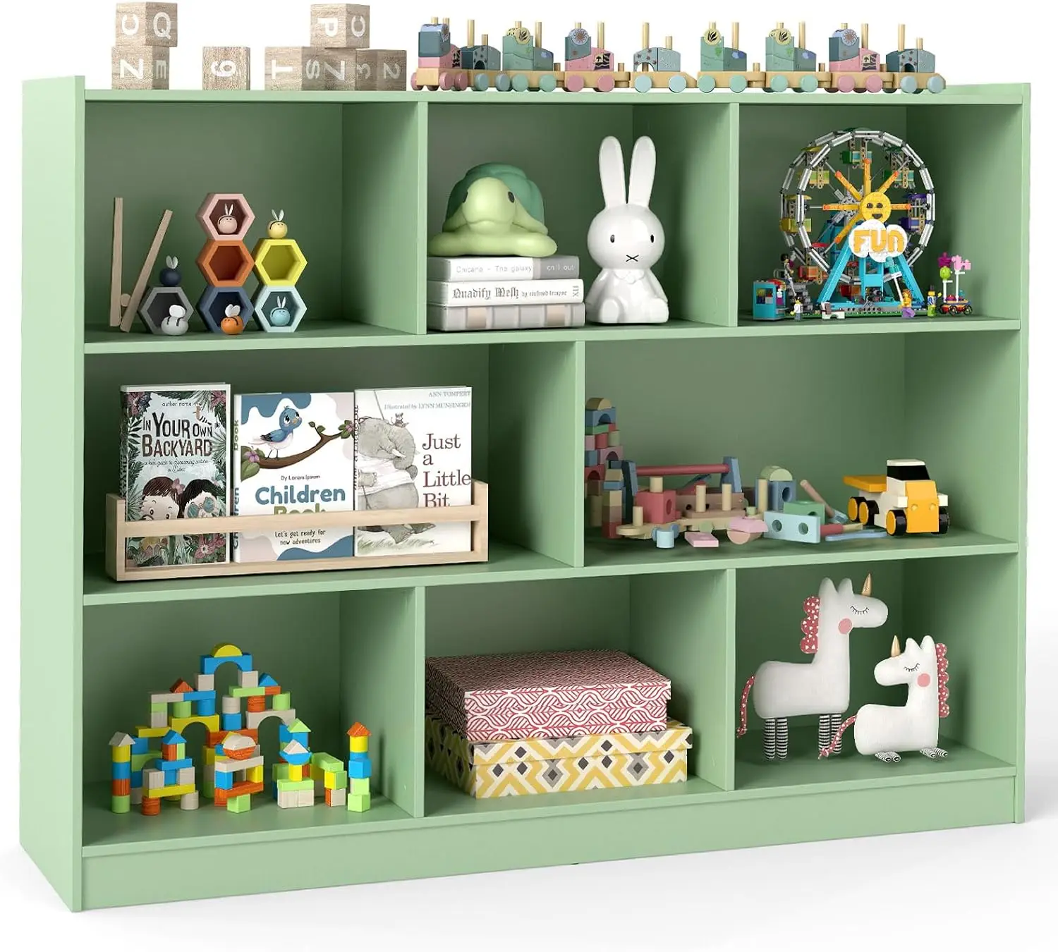 Kids Toy Storage Organizer, 8-Section 3-Tier Wooden Book Shelf for Preschool, Playroom & Nursery (Green)