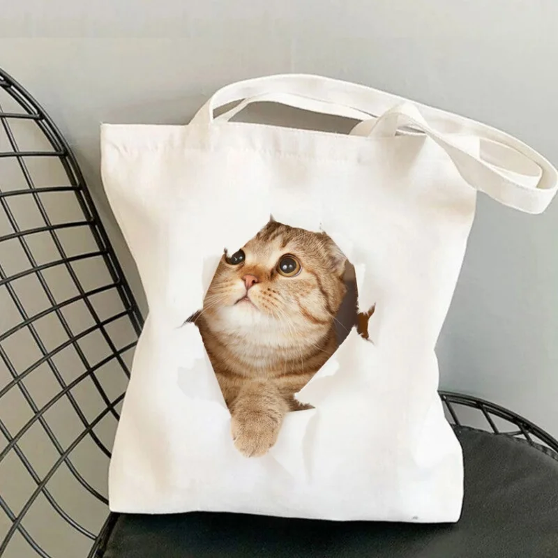 

Orange Cat Peeking Print Canvas Tote Bag White Cute Cat Aesthetic Shoulder Bag Funny Casual Handbag