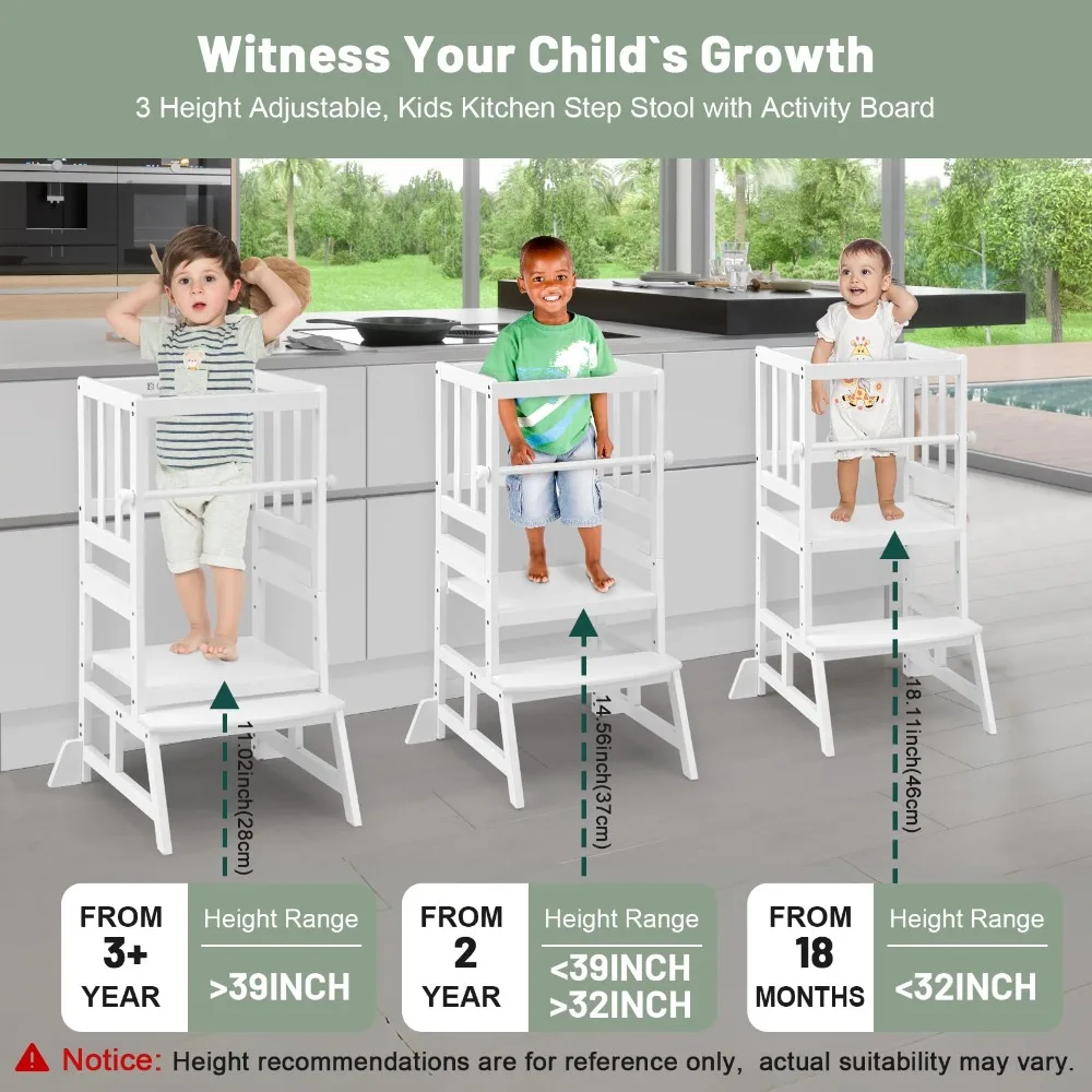 Children's Kitchen Step Stool, Height Adjustable Toddler Standing Tower, Certified CPC and FSC, Detachable Safety Railing