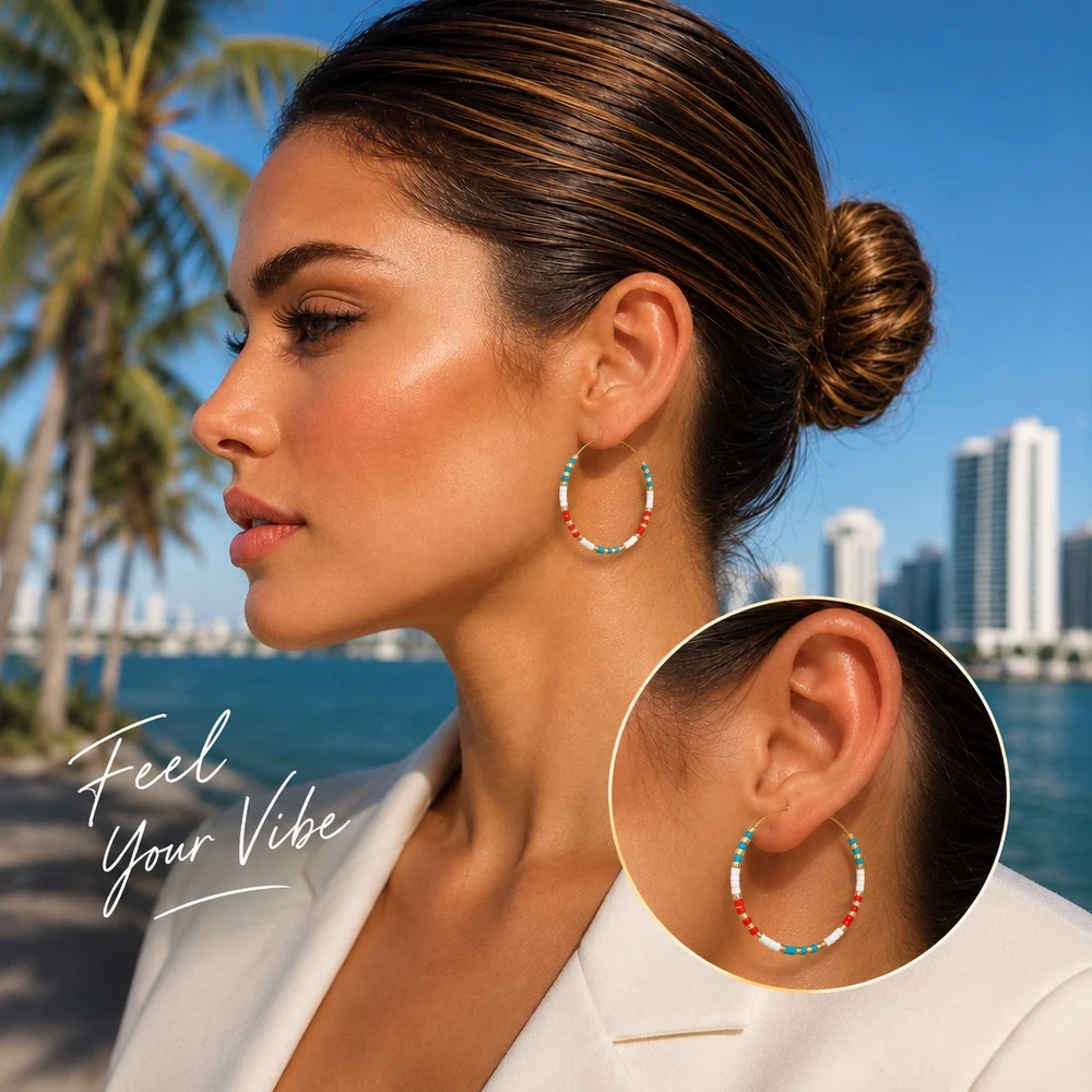 2pcs Round Multicolor Beaded Hoop Earrings 18K Gold Plated Copper Alloy Mixed Materials Trendy Style Women's 37x26mm