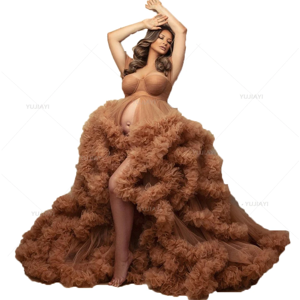 Customized Maternity Gowns Off Shoulder Tulle Ruffles Pregnant Robes Women Gowns A Line Front Split Bridal Dresses Photoshoot