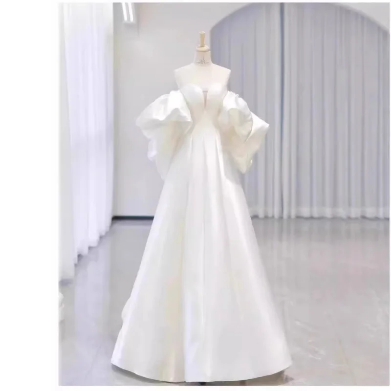 White French Style High-End Dress Off-Shoulder Puff Sleeve Light Main Wedding Dress New Bride Exit Veil Reception